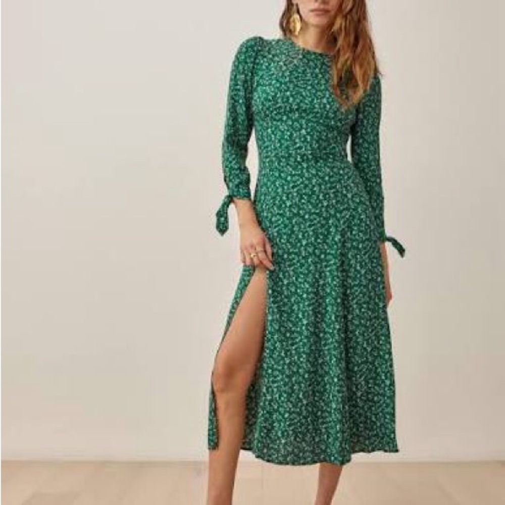 Reformation Zelda Green Floral Long Sleeve Dress